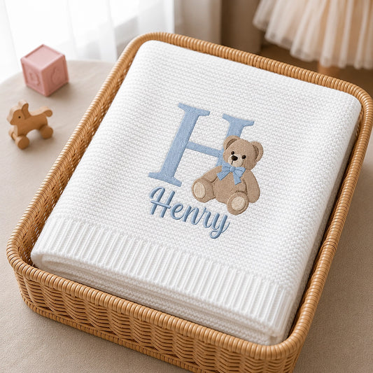 White Monogram Teddy Bear Embroidered Baby Blanket