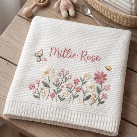 White Floral Embroidered Baby Blanket Flat Lay