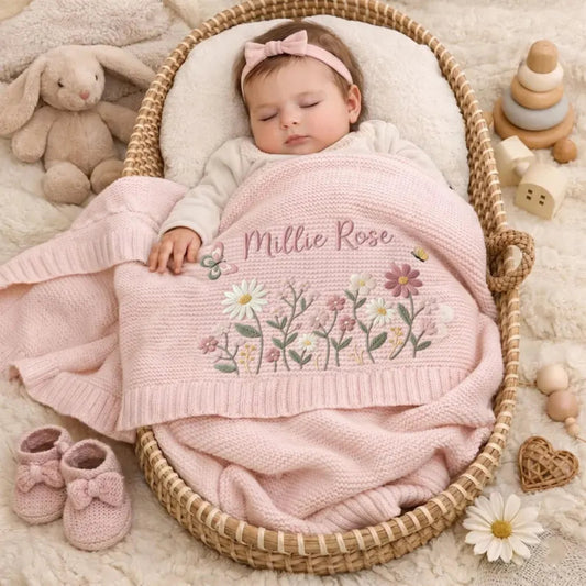 Personalized Flower Baby Blanket On Moses Basket