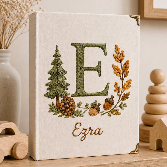 Personalized Forest Photo Album With Embroidered Letter E Ezra