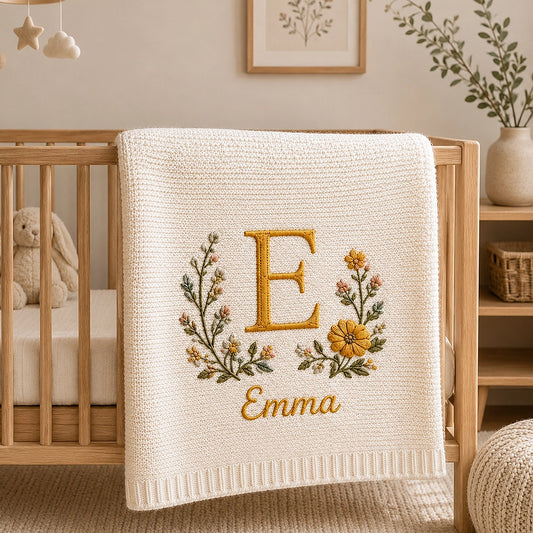 Cream Monogram Baby Blanket With Floral Initial E And Emma