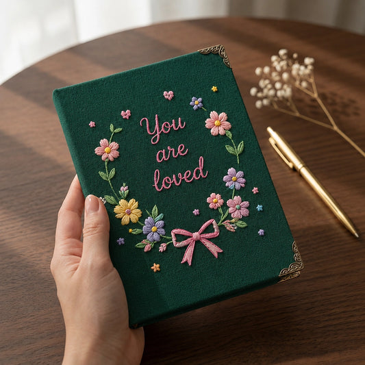 Dark Green Floral Journal Held Beside Golden Pen