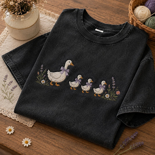 Folded Black Mineral Wash Shirt With Floral Goose Embroidery