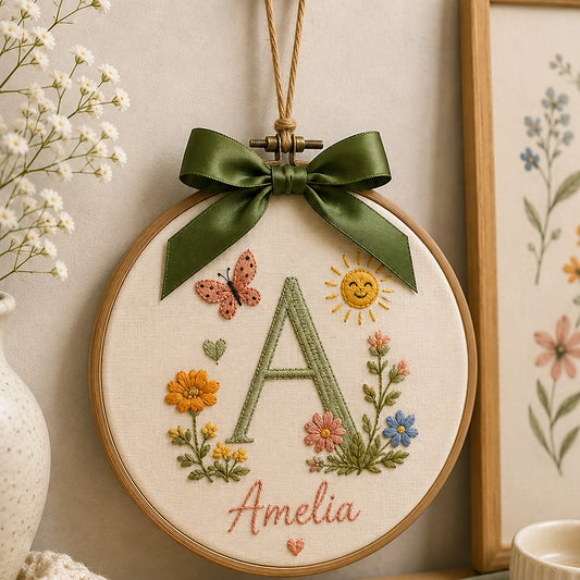 Personalized Initial Ornament With Floral Butterfly Embroidery