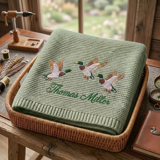 Mallard Embroidered Blanket In Wicker Basket