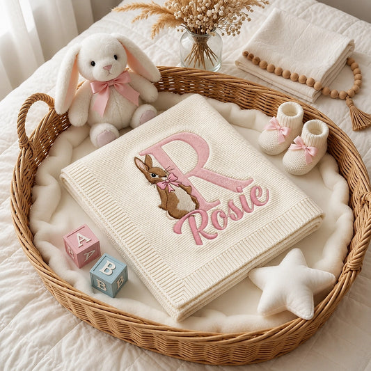 Cream Personalized Bunny Baby Blanket Gift Set