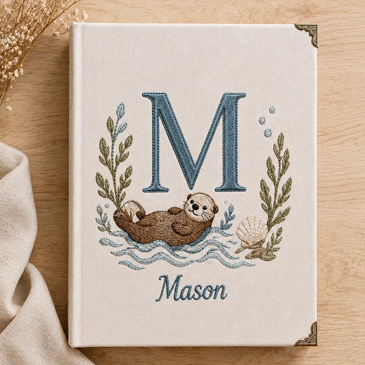 Beige Fabric Photo Album Embroidered With Sea Otter Mason