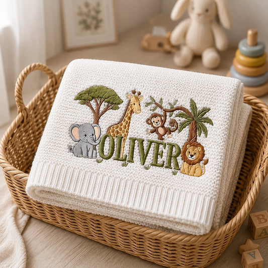 White Personalized Safari Blanket Draped Over Vintage Cradle
