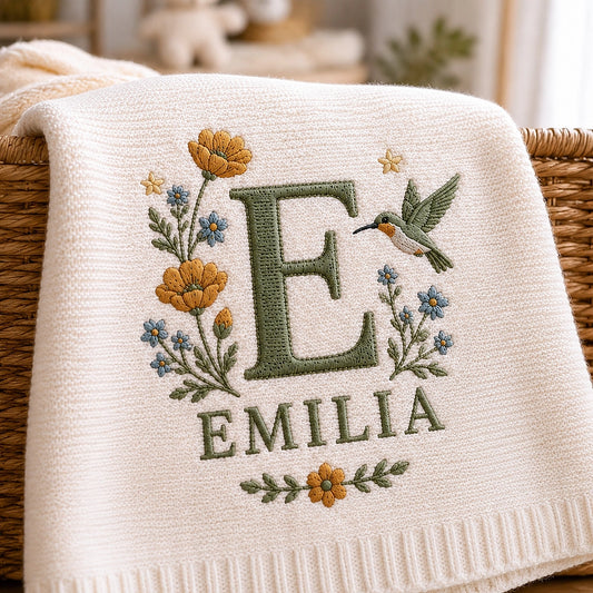 Close Up Personalized Blanket With Floral Initial E And Emilia