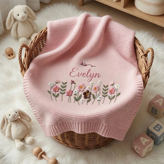Pink Personalized Evelyn Floral Knit Blanket In Wicker Basket