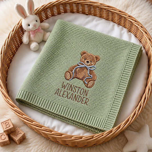 Mung Bean Teddy Bear Blanket In Wicker Basket