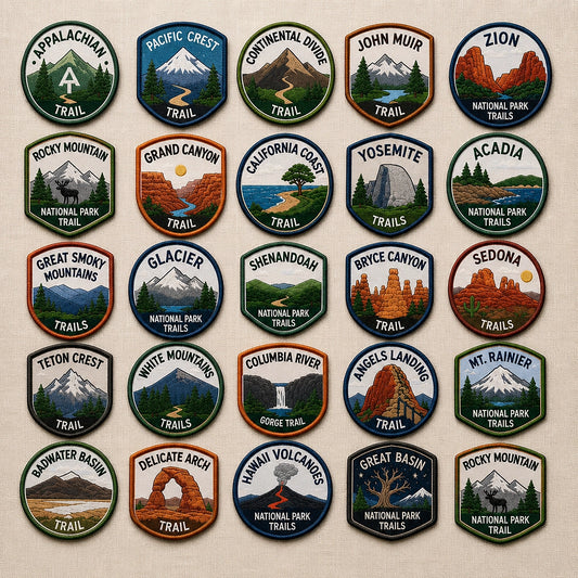 Scenic American Hiking Emblems Featuring Mountains Deserts And Coastlines