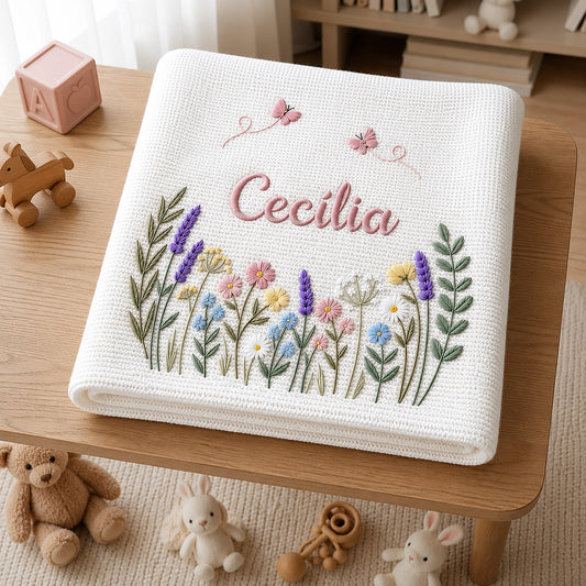 White Personalized Wildflower Baby Blanket