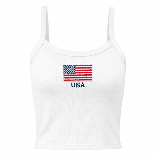 White USA Embroidered Tank Top Front View