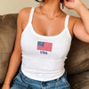 Woman Wearing Embroidered USA Flag Tank Top
