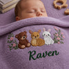 Purple personalized blanket featuring bear deer and bunny