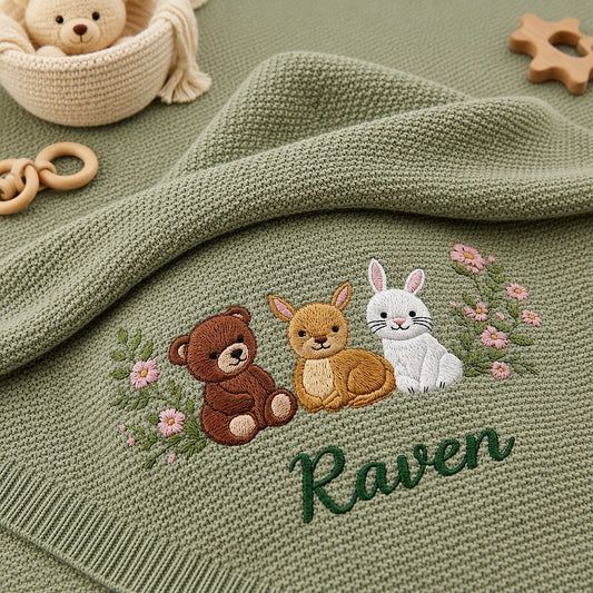 Mung bean baby blanket with embroidered woodland friends