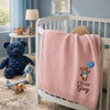 Pink Balloon Teddy Blanket Displayed With Blue Nursery Toys