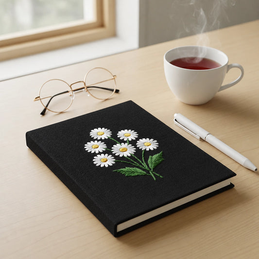 Black Blooming Daisy Notebook Beside Tea And Writing Supplies