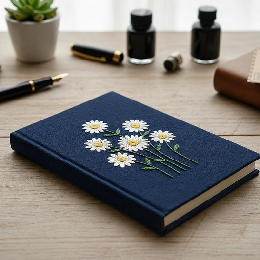 Navy Handmade Notebook With Delicate White Daisy Embroidery