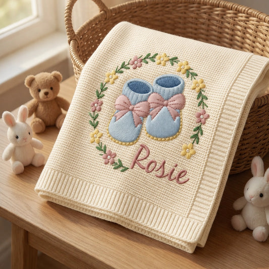 Cream Rosie Booties Blanket Displayed With Plush Animals