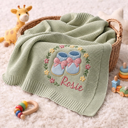 Mung Bean Rosie Booties Blanket Styled With Nursery Toys