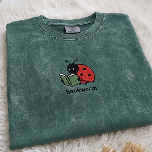 Bookworm Ladybug Embroidered Mineral Wash Tee