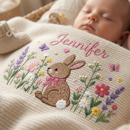 Cream personalized newborn blanket with bunny and flowers