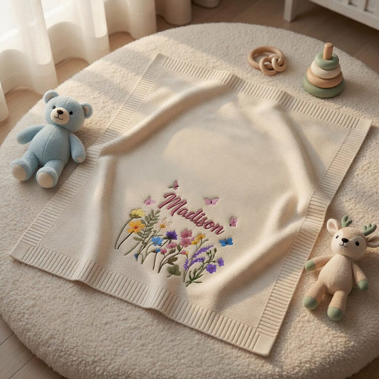 Begie Madison Blanket Displayed With Soft Toys And Flowers