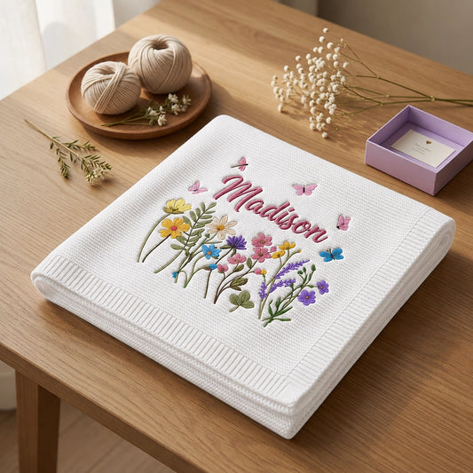 White Butterfly Bloom Blanket Folded Beside Embroidery Supplies