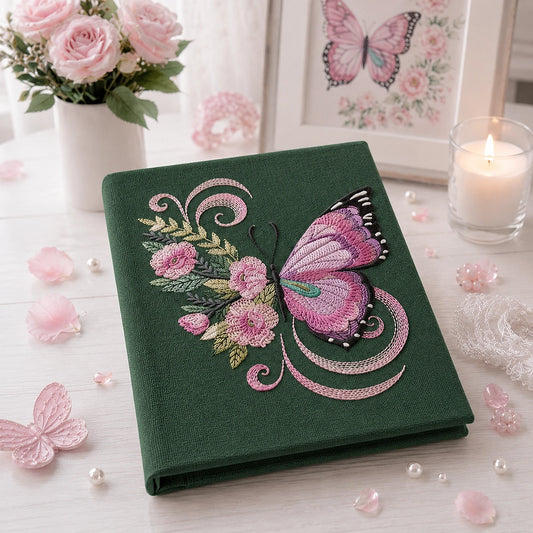 Dark Green Floral Butterfly Notebook Beside Roses And Candle