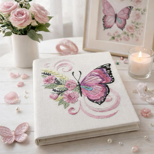 Beige Butterfly Bloom Notebook Surrounded By Pink Decorative Accents
