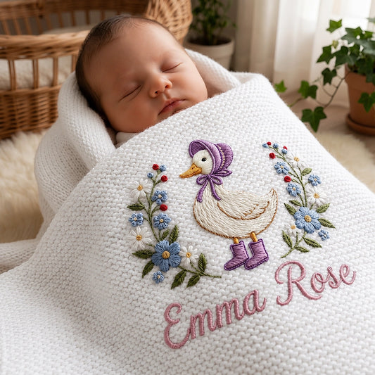 White personalized duck baby blanket with Emma Rose name