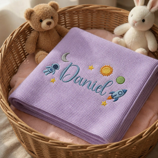 Purple Daniel Cosmic Blanket Folded Inside Wicker Basket