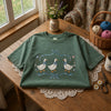 Moss Washed Shirt With Three Geese And Floral Embroidery
