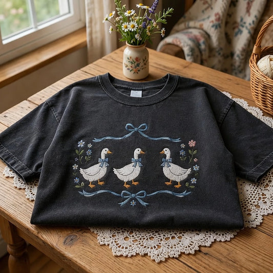 Folded Black Cottage Geese Tee With Blue Bows And Flowers