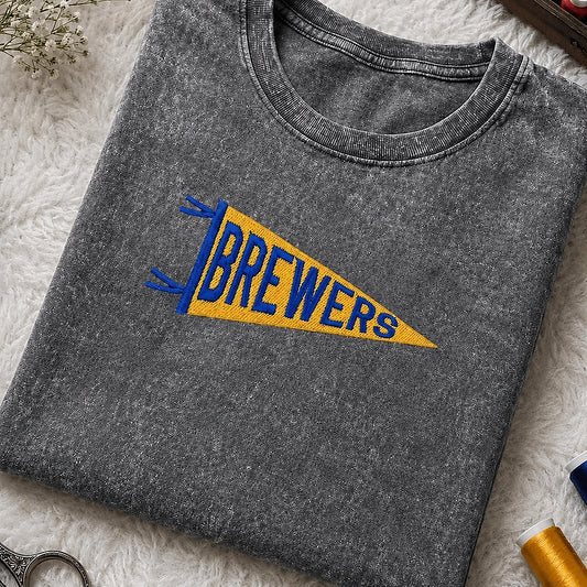 Grey Mineral Wash Shirt With Custom Brewers Pennant Embroidery