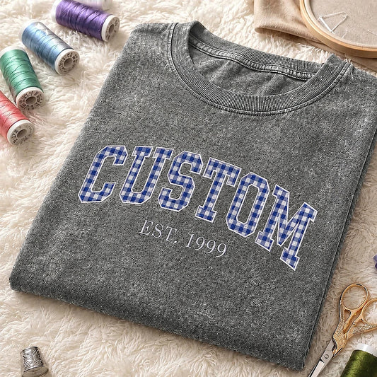 Grey Custom Tee With Gingham Lettering And Established Year