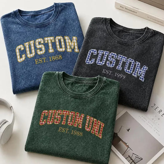 Three Custom Varsity Embroidered Mineral Wash T-Shirts