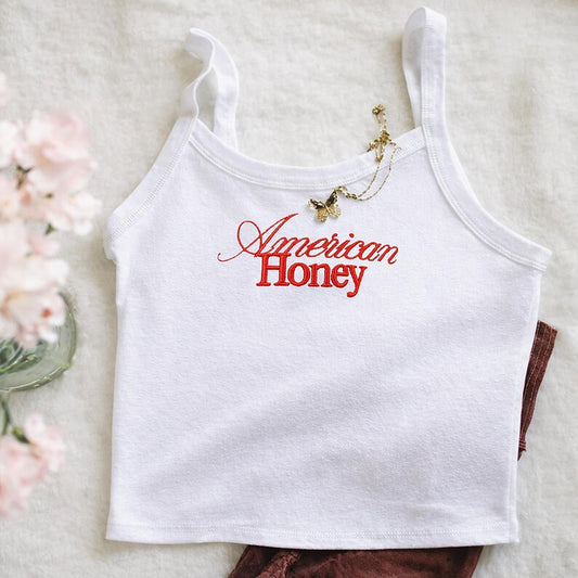 White Custom Embroidered American Honey Tank Top