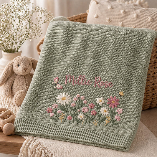Mung Bean Millie Rose Floral Embroidered Baby Blanket On Chair