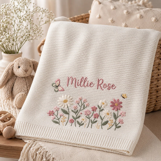 Millie Rose Floral Embroidered Baby Blanket On Chair