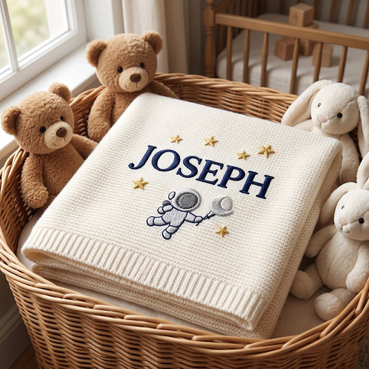 White Blanket With Navy Name And Golden Astronaut Stars