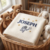 White Blanket With Navy Name And Golden Astronaut Stars