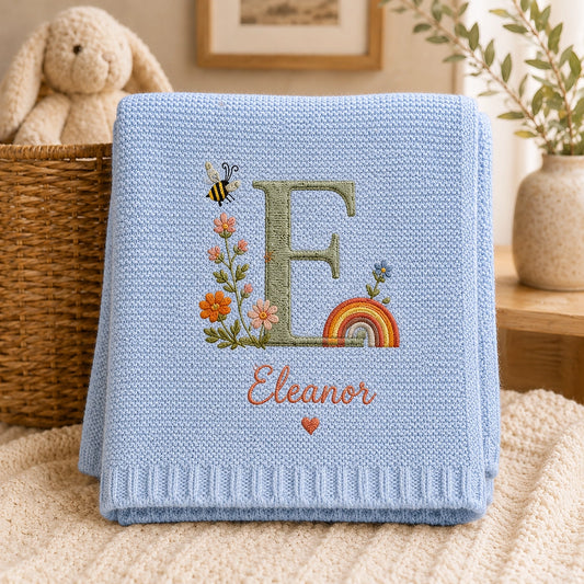 Light Blue Personalized Blanket With Floral Initial E And Rainbow