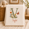 Cream Personalized Baby Blanket With Floral Initial V And Butterfly