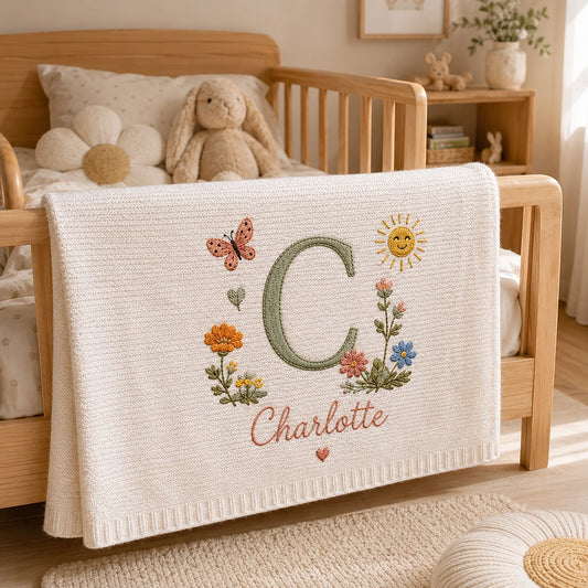 Cream Custom Newborn Blanket With Floral Initial A And Name