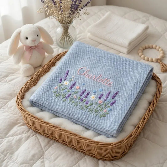 Personalized Lavender Baby Blanket In Gift Basket