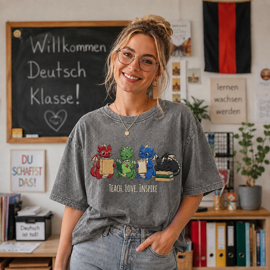 Teacher Wearing Cute Dragon Teach Love Inspire Mineral Wash Tee
