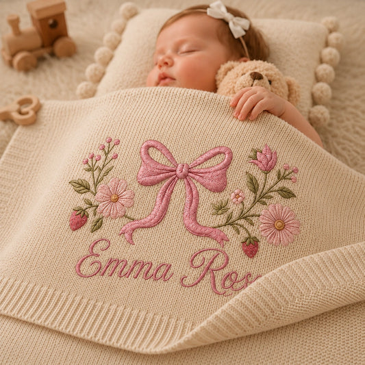 Beige embroidered baby girl blanket with pink bow design